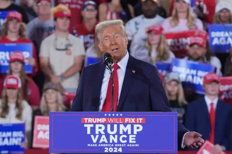 Republican presidential nominee and former President Donald Trump speaks during a campaign rally on November 4 at JS Dorton Arena, in Raleigh, North Carolina, the United States [Evan Vucci/AP]