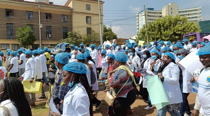 Kenyan doctors holding a during the countrywide doctors' strike. Photo/Davji Atellah X. Nurses