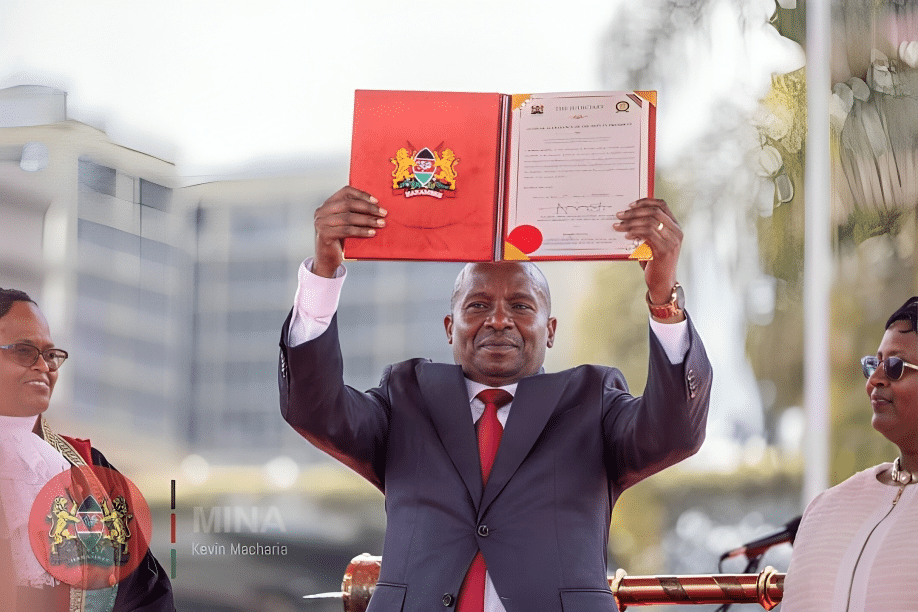 Deputy President Prof Kithure Kindiki displays his swearin in certificate at KICC on November 1, 2024. Looking on is Chief Justice Martha Koome. photos/ Interior Ke