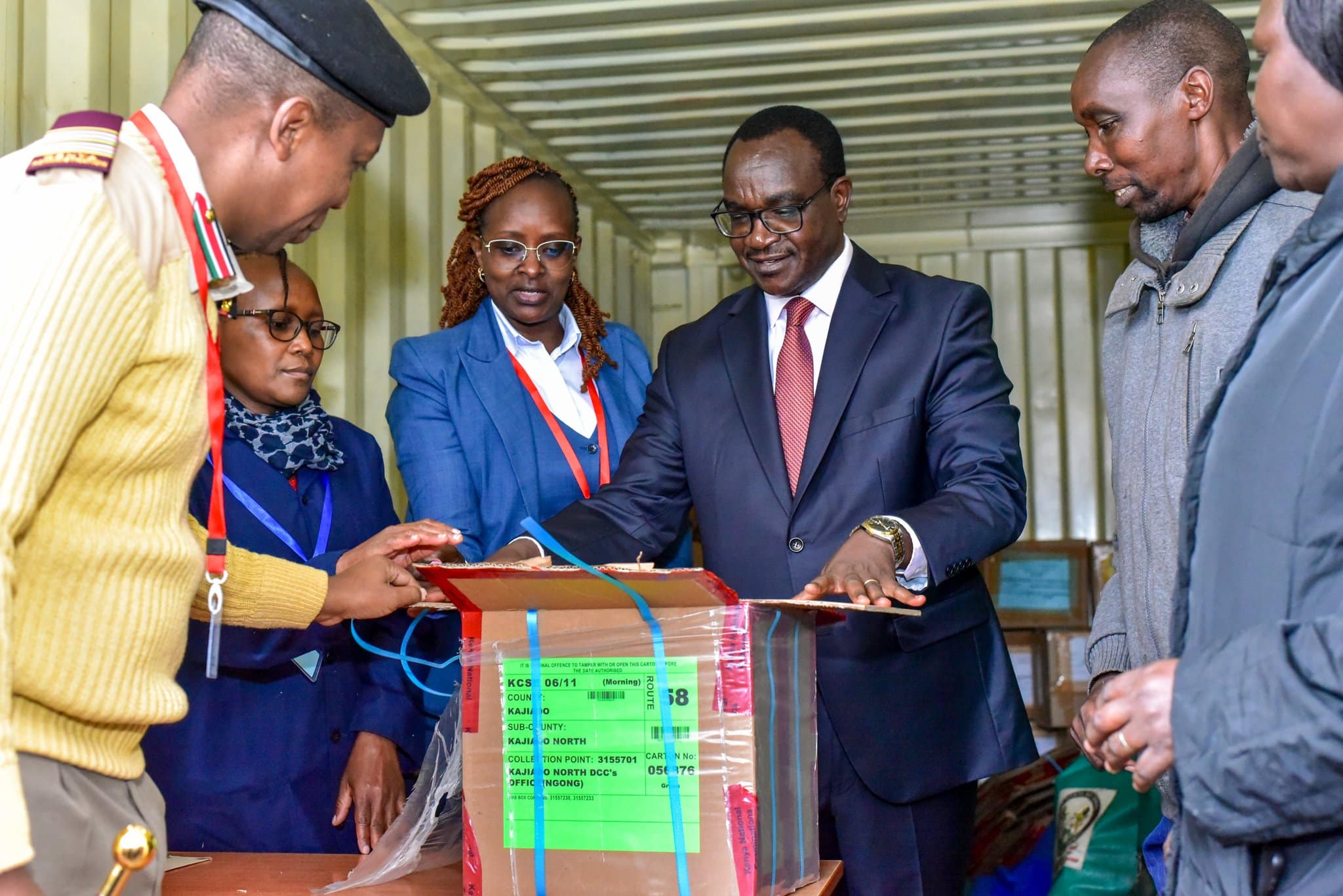 Education CS Julius Migos Ogamba supervising the distribution of KCSE exam papers at the Ngong DCC - KNEC container in Kajiado County on November 4, 2024. PHOTO/MoE.