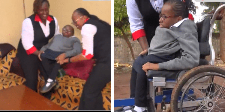 A photo collage of Susan Wambui, the Kiambu Huduma Center coordinator with the colleague carrying Terry Charity (left) and the Terry Charity on her special chair (right). Photo/Screengrab, Citizen TV