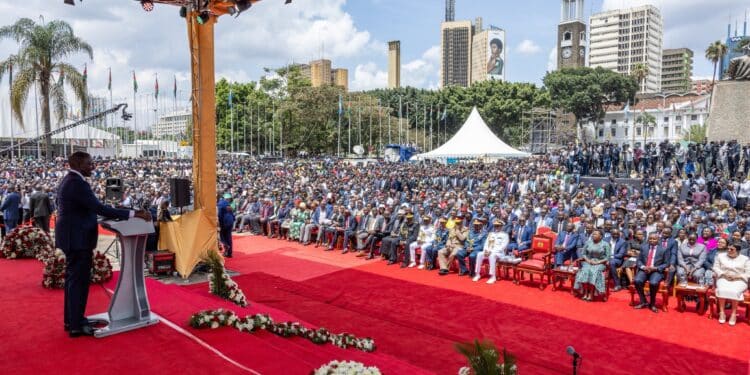 President William Ruto and DP Kithure Kindiki after his swearing-in at KICC. PHOTO/PCS.