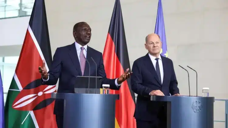 President William Ruto and German Chancellor Olaf Scholz give a press conference in Berlin. Photo/ Reuters