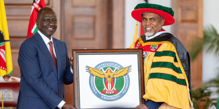President William Ruto and NIS Director Noordin Haji awards charters to Islamic University of Kenya and National Intelligence and Research University at State House, Nairobi. PHOTO/ Kenya West. Gachagua