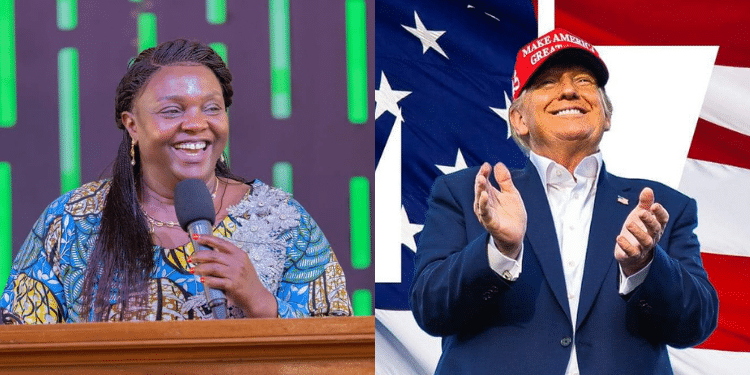 A photo collage of former U.S President Donald Trump and Formers First Lady Pastor Dorcas Rigathi. PHOTO/ TRUMP | $47 X/Dorcas X.