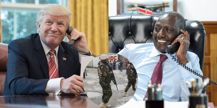 A photo collage of President William Ruto, US President elect Donald Trump and Kenya police patrolling the streets of Haiti. PHOTO/CNN/PCS/AP.