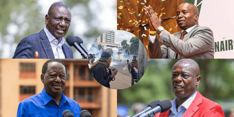 From top left: President William Ruto, DP Kithure Kindiki, former Prime Minister Raila Odinga, former DP Rigathi Gachagua with a circle of Gen Z protest in Nairobi on June 20, 2024. PHOTO/PCS, DPPS, ODM, Gachagua FB, The Kenya Times. Politics