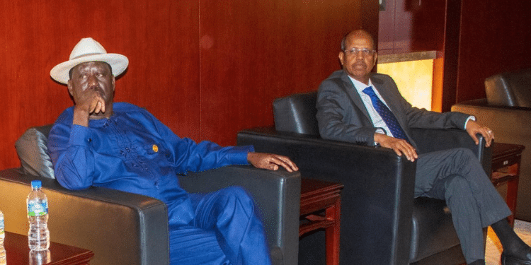 SKenya AUC candidate Raila Odinga with Djibouti candidate Mahamoud Ali Youssouf. PHOTO/Odinga X.
