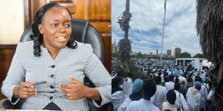 A photo collage of Health CS Deborah Barasa and doctors in a past strike. PHOTO/MOH/KMPDU.