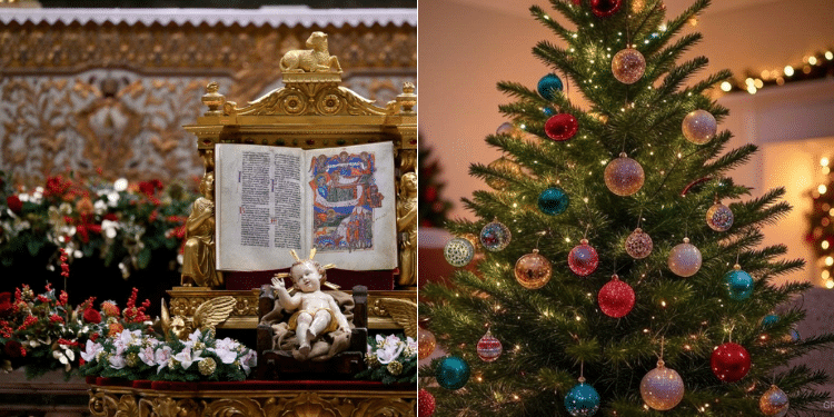 A photo collage of a Christmas alter and a Christmas tree. Photos- Vatican News/ Grok