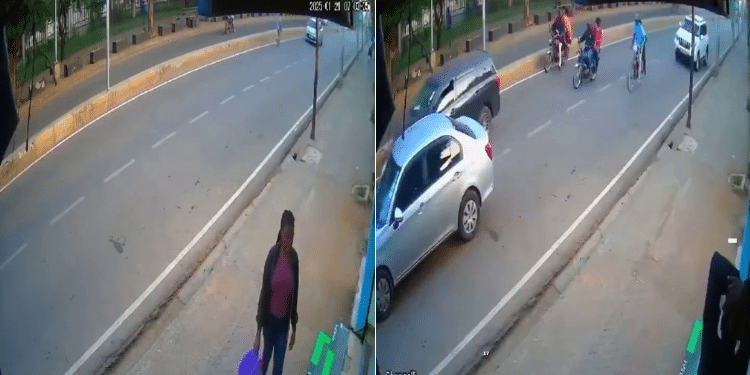 CCTV footage of the man trying to jump on a car and vehicles that the man jumped unto. Photo/ Screen grab