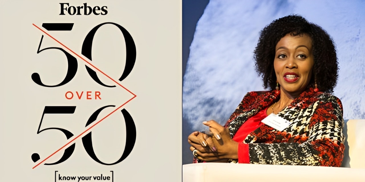A collage of Forbes 50 Over 50 logo and Flora Mutahi