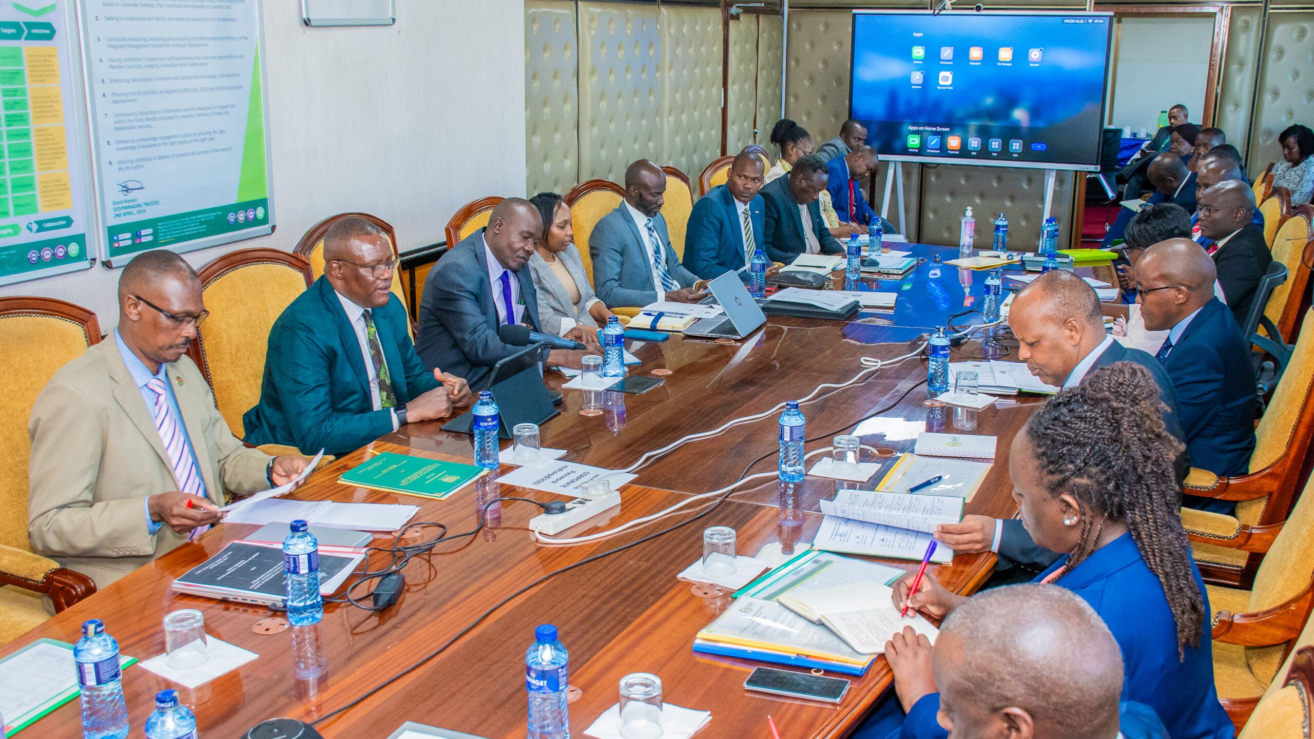 Eliud Owalo and NSSF officials during an evaluation exercise at the NSSF headquarters. Photo/ NSSF
