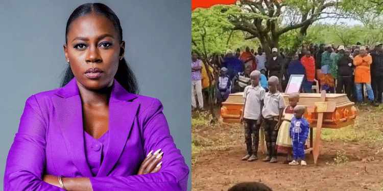 Photo collage of Singer and business woman Akothee alongside children during burial of parent. Photo/Akothee FB