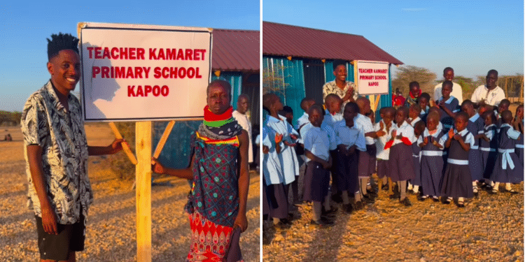Photo Collage of Eric Omondi at the newly built Teacher Kamaret School in Turkana County. Photo/ Screengrab