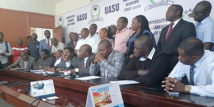 UASU officials during past media briefing. PHOTO/NTV Kenya