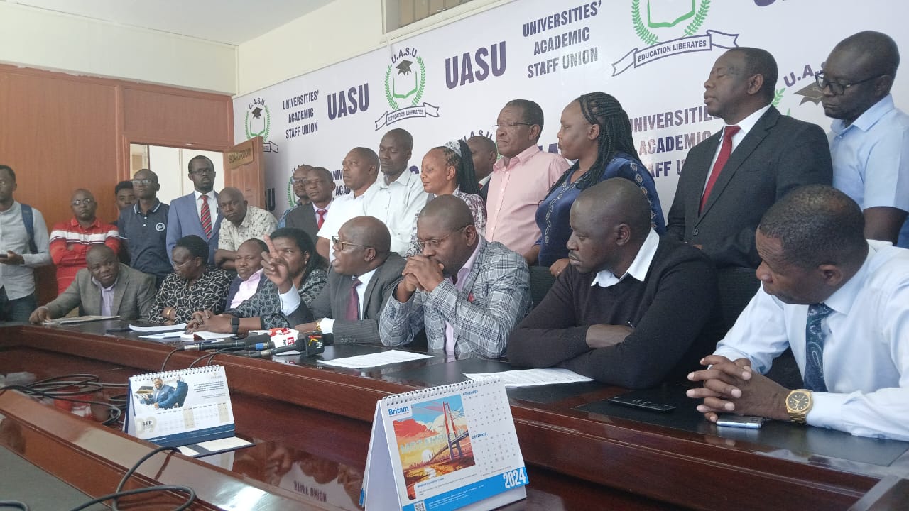 UASU officials during past media briefing. PHOTO/NTV Kenya