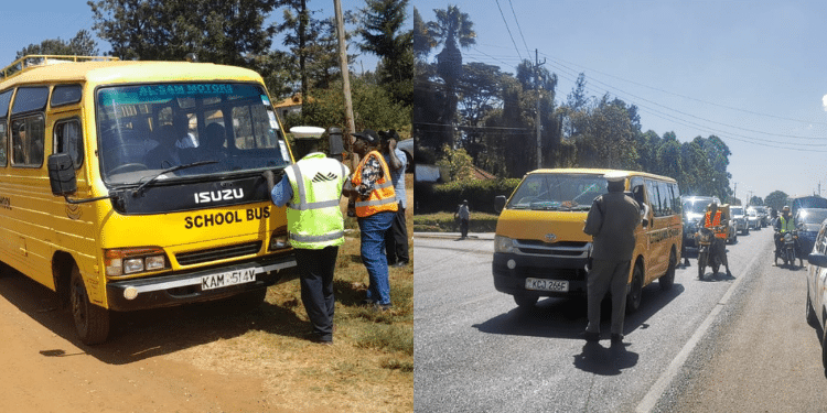 A photo collage of a school bus impounded in Tharaka Nithi County and a road safety compliance check in Uasin Gishu County. PHOTO/NTSA.
