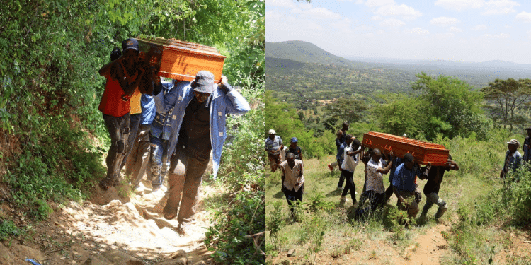 Residents carrying the body of Stephen Musyoka on their shoulders in Ukia ward in Makueni county. PHOTO/ Ngoso News. MAKUENI