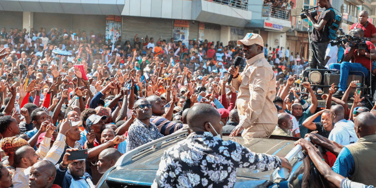 Former Prime Minister Raila Odinga addressing the demonstrator in Eastleigh Nairobi on Monday, March 20, 2023. PHOTO | DENNIS ONSONGO