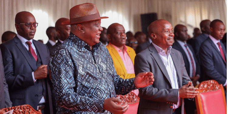 Former President Uhuru Kenyatta and DP Kithure Kindiki during the consecration and installation of Bishop Peter Kimani Ndung’u on November 16, 2024. PHOTO/DPCS.