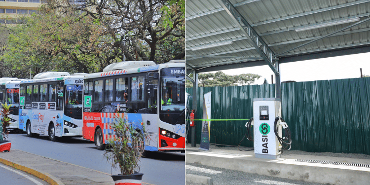 A collage of a fleet of BasiGo buses and a charging station in Nairobi. Photos/ Basigo