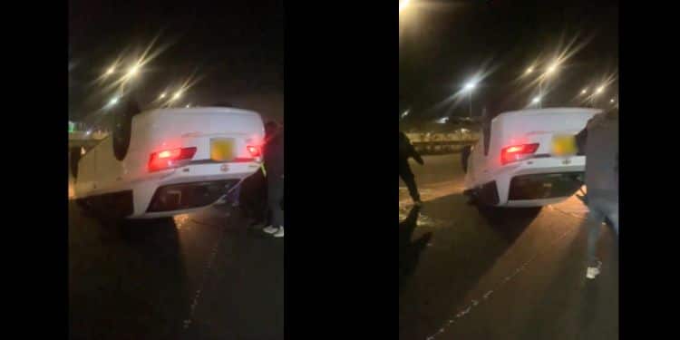 Car plunges after flying off expressway.