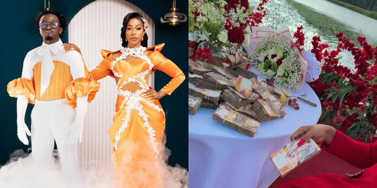 Collage of Diana Marua and Bahati and bundles of notes gifted to Diana on Valentine's