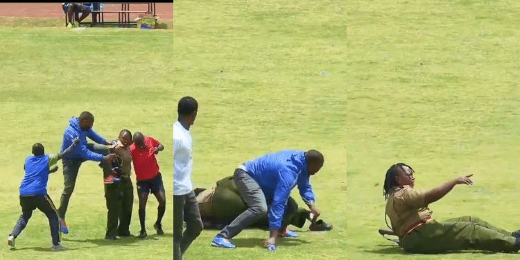 Side-by-side photos of how the Migori Youth fan kicked the police officer to the ground. PHOTO/ Screengrab, Arocho X.
