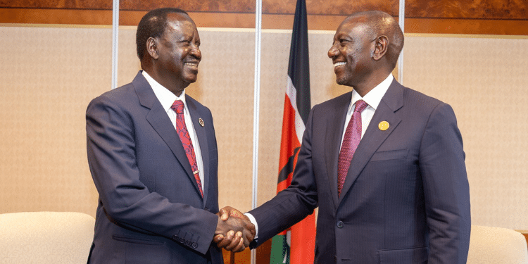 President William Ruto with Former Prime Minister Raila Odinga before the AUC chair elections on February 15, 2024. PHOTO/ PCS. Sifuna