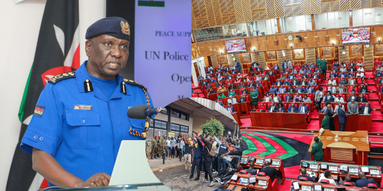 A photo collage of Police IG Douglas Kanja, past session of National Assembly proceedings and the Gen Z June 2024 protests. PHOTO/ NPS/ Parliament/The Kenya Times.
