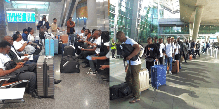 A past photo of Kenyans at JKIA, prepared to travel abroad after securing jobs through Kazi Majuu. PHOTO: Mutua X. Loans
