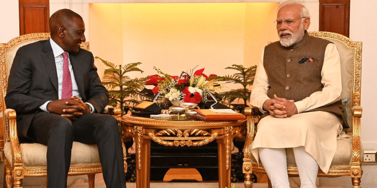 President William Ruto (left) and India Prime Minister, Narendra Modi (Right) shaking hands. PHOTO/Modi