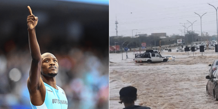 Collage of Tebogo and floods in Botswana. PHOTO/ The Athletics