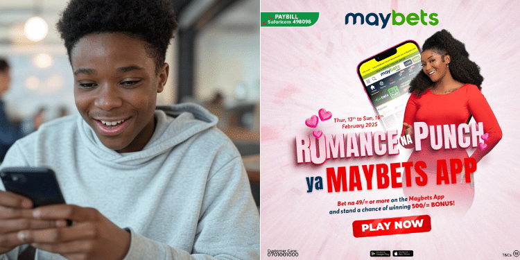 A photo collage of a young man using a phone and a M aybets banner.