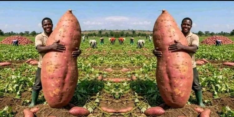 Images of a man embracing a huge potato.