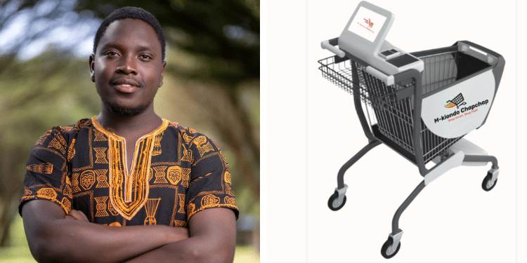 A side to side photo of Meule Overmars Wafula (left) and A shopping cart (right).
