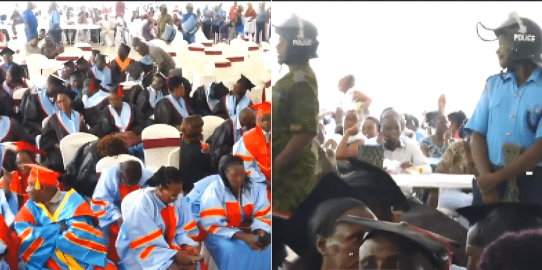 Screen grabs of Northwestern Christian University graduates and police raiding the graduation ceremony.