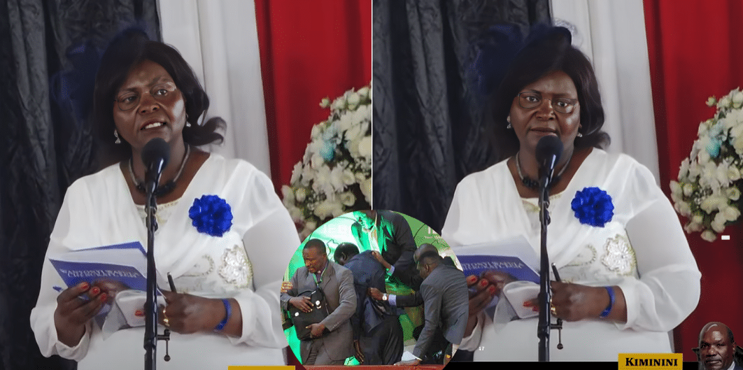 Mary Chebukati and an inset of Bomas chaos. Photo/ Screen Grab