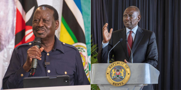 A collage of President William Ruto and former Prime Minister Raila Odinga . Photos/ Raila Odinga/ PCS