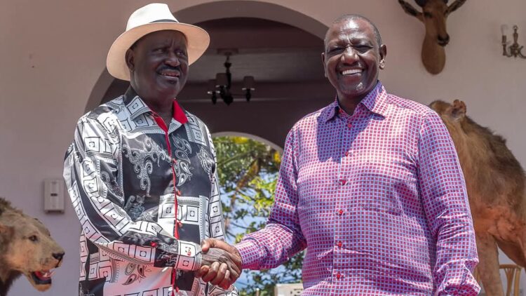 President William Ruto and Former Prime Minister Raila Odinga. Photo/ PCS