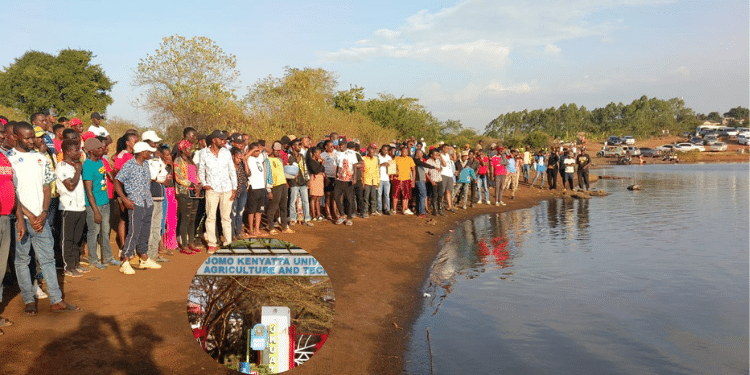 A photo of residents watches as police officers retrieve the bodies and an insert of JKUAT gate. PHOTO/UGC, JKUAT.