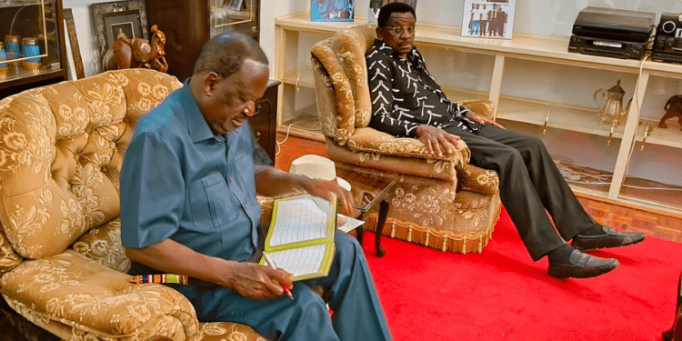 Former Prime Minister Raila Odinga with Siaya governor James Orengo on February 26, 2025. PHOTO/ Orengo X.