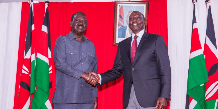 President William Ruto shakes hands with Former Prime Minister Raila Odinga after signing a Memorandum of Understanding (MoU) at the Kenyatta International Convention Centre (KICC) on Friday, March 7, 2025. PHOTO/Raila X.