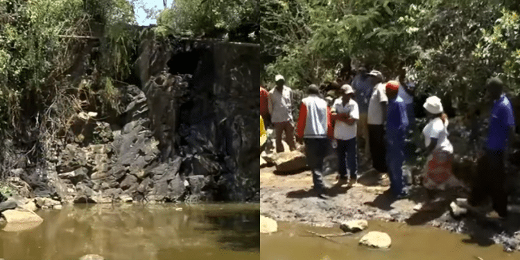 Residents gathered at River Karugoe in Njoro, Nakuru County, where three minors drowned while fishing on Saturday, March 17, 2025. PHOTO: Screengrab/Citizen TV.