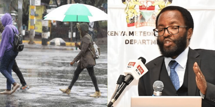 A collage photo of Kenya Met Department Director David Gikungu and photo showing Nairobians walkinh to work after sudden short morning rains in March 2023.PHOTO/Kenya Met/Standard.