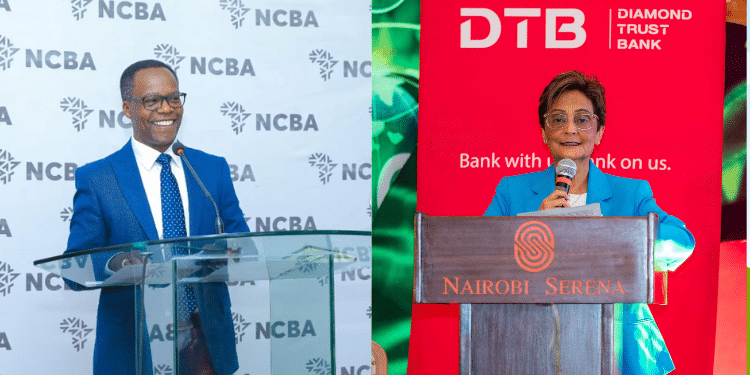 A photo collage of DTB Group CEO and Managing Director Nasim Devji and NCBA Bank Group Managing Director, John Gachora. PHOTO/DTB, NCBA Bank.