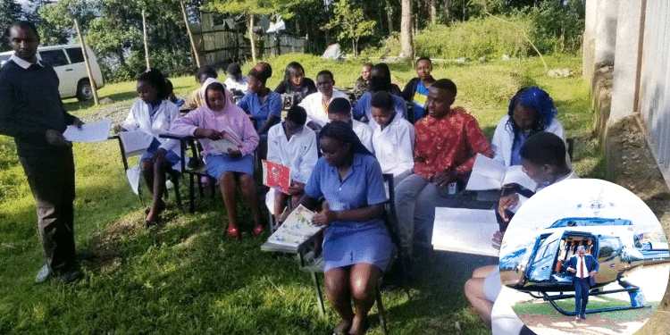 A photo collage of Kiamwasi TTI students attending classes outside and Education CS Julius Ogamba arriving for a thanksgiving ceremony and the dedication of the 2025 KCSE candidates at Kipcherere High School in Baringo County on March 29, 2025, PHOTO/UGC, Ogamba X.