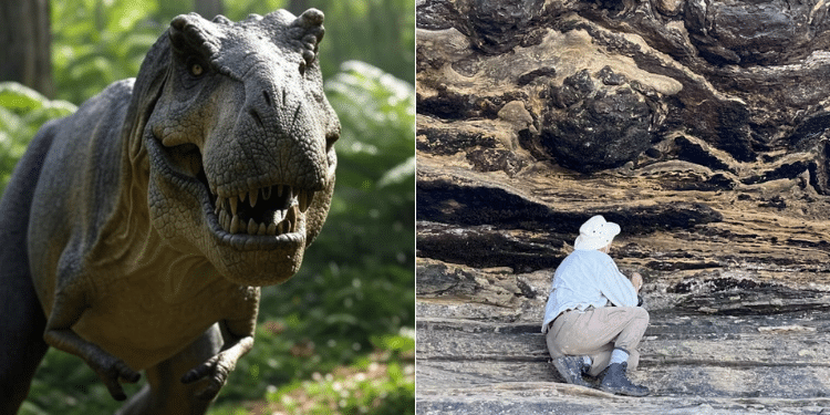 A collage of an AI-illustration of a dinasour and Guy Plint examining one of the dinosaur tracks.