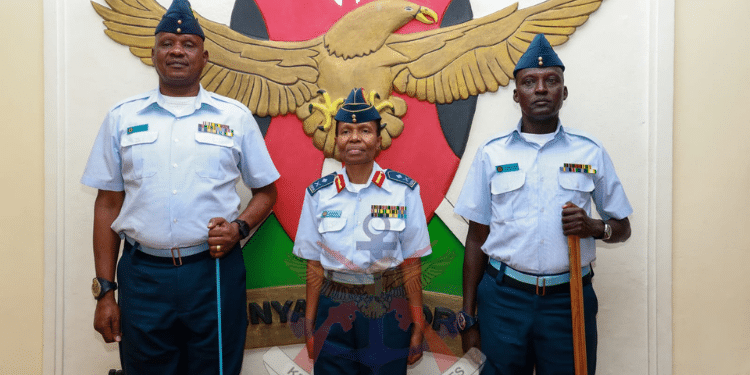 Outgoing Major Talengo and incoming Major Leparsalach Franco and General Ahmed at the ceremony PHOTO/ Kenya Air Force X